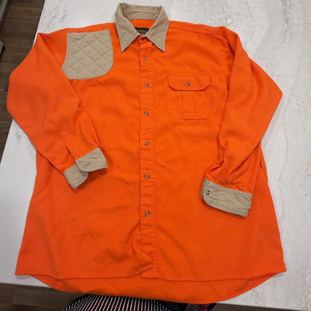Herters Hunting Outdoor Shirt Blaze Orange Khaki Trim Shoulders Size Missing XL?